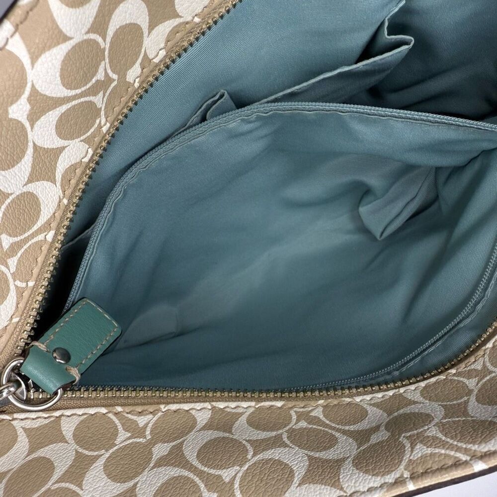 Coach Chelsea Heritage Stripe Signature Tote Teal & Khaki Coated Canvas #F15137 - Picture 6 of 12